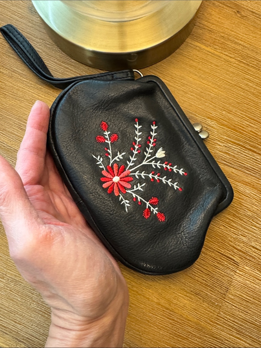 Fossil Black Leather Wristlet Clutch with Red & White Floral Embroidery - Picture 6 of 6